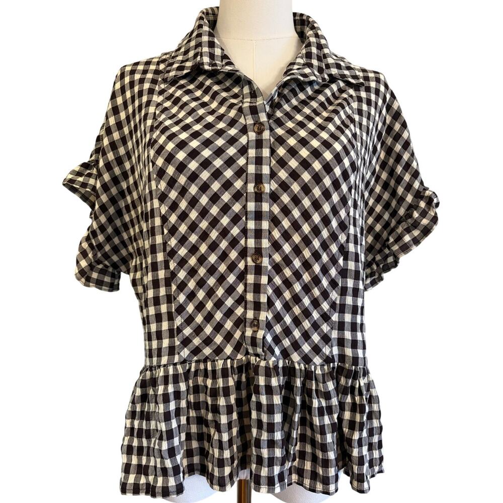 UMGEE Blouse | Black White Gingham Ruffle Sleeve Peasant Cottagecore | MEDIUM